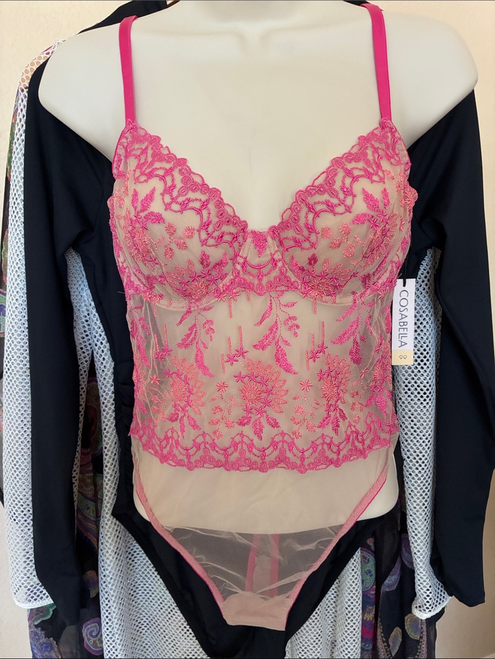 Cosabella Hot Pink Sheer Lace Longline Bodysuit Usha Teddy 3 34C 36A/B NWT